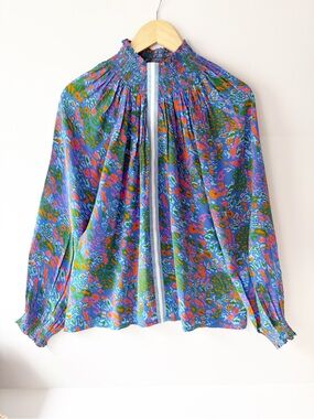 Rungolee Brooklyn Long Sleeve Silk Blouse Smocked High-Neck Floral Print XXS